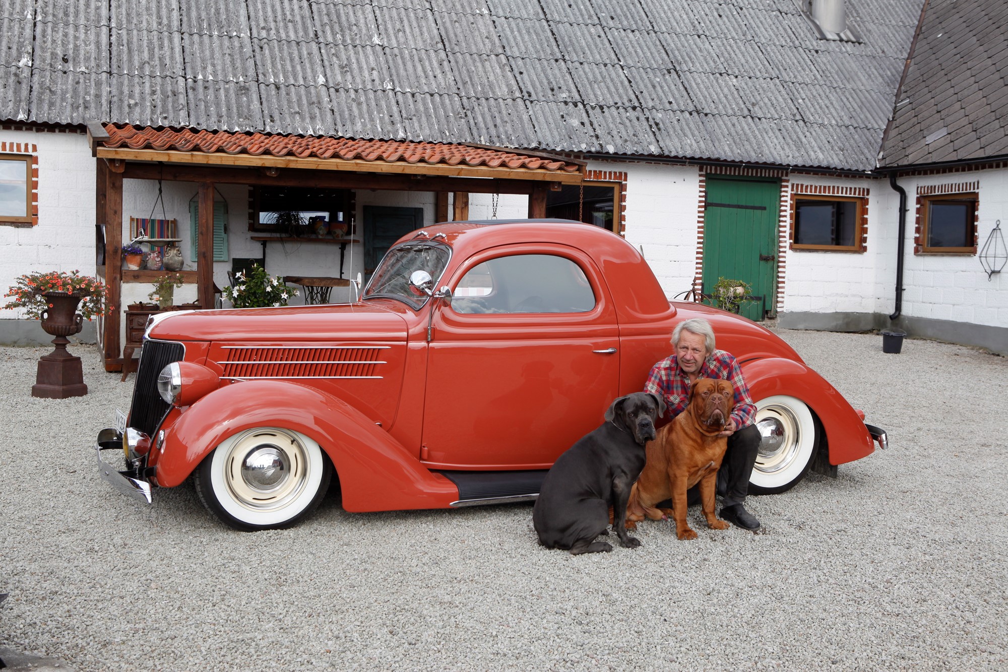 Ronny Andersson med sina hundar Jax (dogue de bordeaux) och Vivi (cane corso) som dock vuxit ur det minimala baksätet i Forden från 1936.